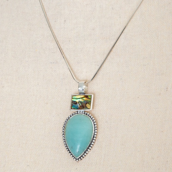 Southwestern pendant turquoise look pear stone, silver look accents Roman stamp - Picture 4 of 11